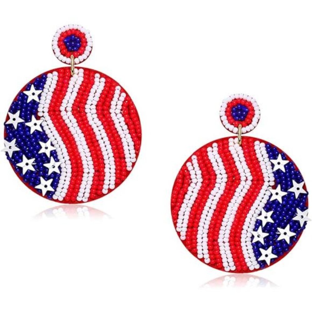 Patriotic 4th of July Earrings Handmade Flag Beaded Drop Earrings Red White Blue - Picture 4 of 8